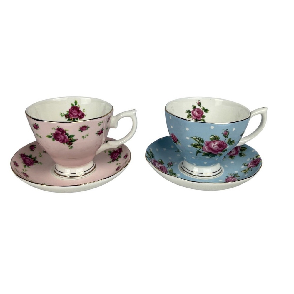 Miranda fine bone China Floral Rose Polka Dot Tea Cup Saucer Set Of 2